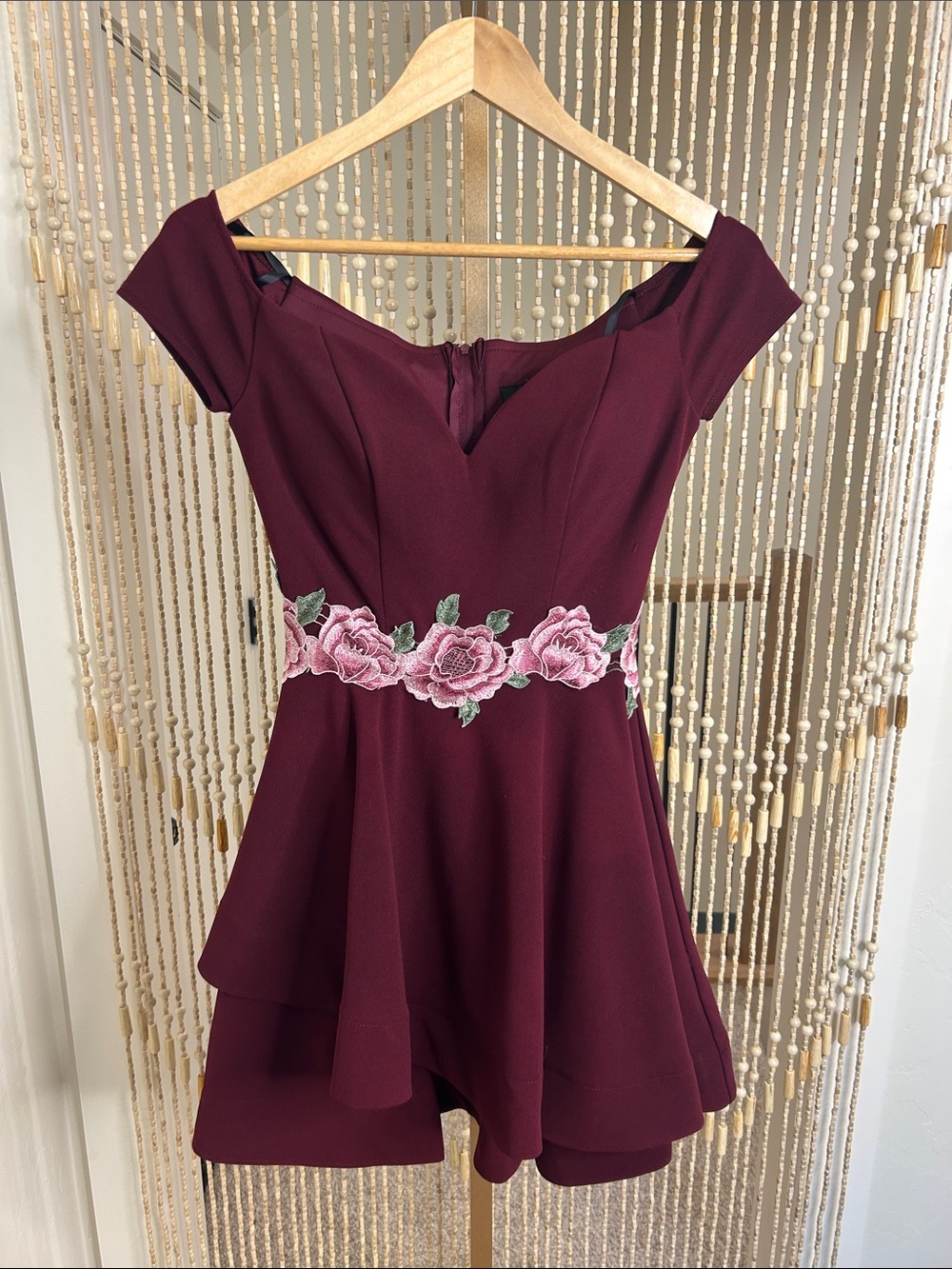 B Darlin Burgundy Off-Shoulder Mini Dress with Pink Floral Waist